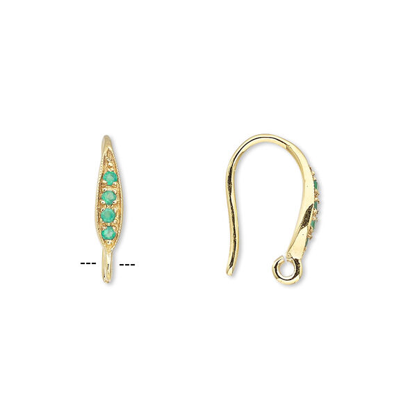 Ear wire, green onyx (dyed) and gold-finished sterling silver, 15mm fishhook with open loop, 18 gauge. Sold per pair. image number 0