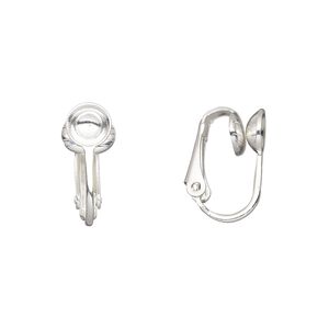 Earring clip-on 1pkg10 silver-plated, 16mm / 6mm cup / grooved / 6-8mm round setting, steel 5 pair