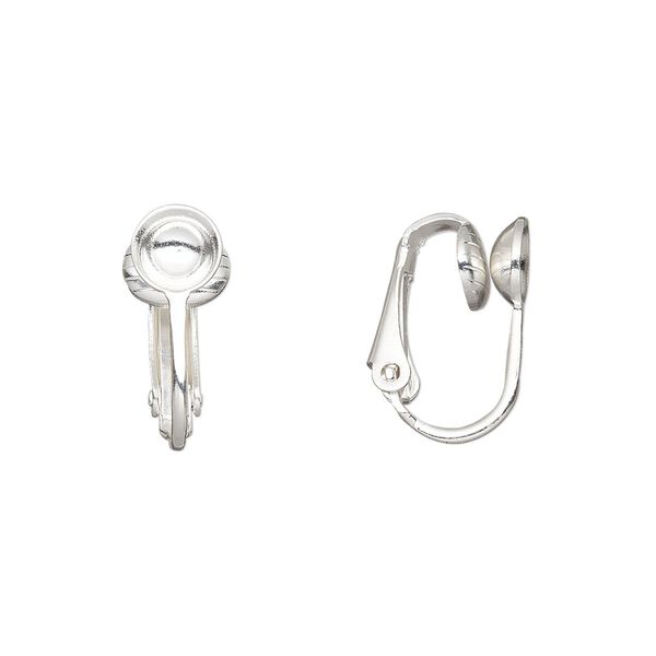 Earring clip-on 1pkg10 silver-plated, 16mm / 6mm cup / grooved / 6-8mm round setting, steel 5 pair image number 0
