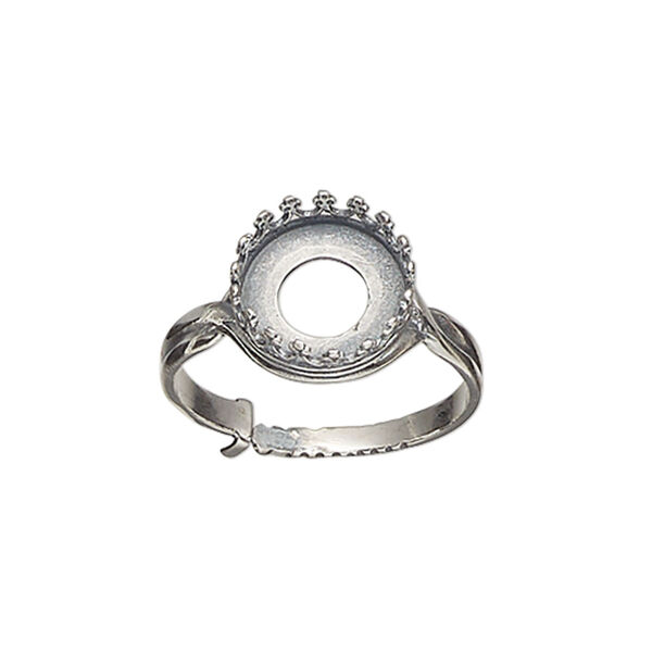 Ring, JBB Findings, antiqued sterling silver, 12mm wide with decorative trim and 10mm round bezel setting, adjustable from size 6-8. Sold individually. image number 0