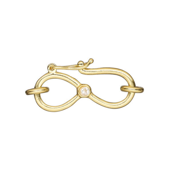 Clasp, S-hook, "vermeil" and cubic zirconia, clear, 26x12.5mm single-sided with safety latch closure. Sold individually. image number 0