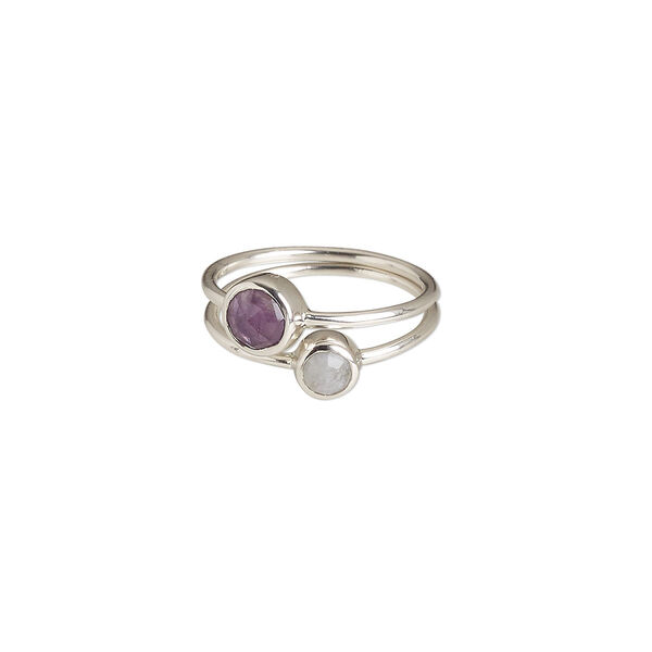 Ring, rainbow moonstone / amethyst (natural) / sterling silver, 6mm and 7mm wide, size 8. Sold per 2-piece set. image number 0