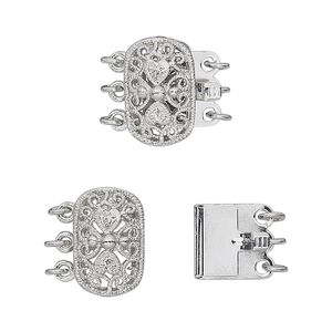 Clasp tab 1pkg4 silver-plated, 15x9mm filigree oval, brass antique 3-strand