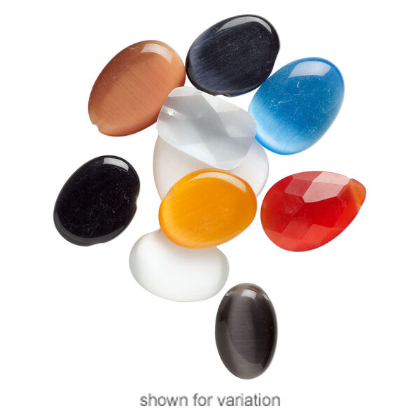 Focal mix, cat's eye glass (fiber optic glass), mixed colors, 30x23mm-46x44mm mixed shape. Sold per pkg of 10. image number 1