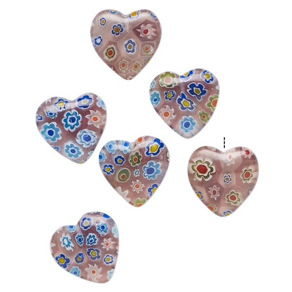 Bead, millefiori glass, translucent light purple and multicolored, 17-20mm half-drilled puffed heart. Sold per pkg of 6. image number 0