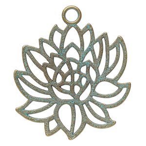 Focal, antique brass-finished "pewter" (zinc-based alloy), green patina, 42x41mm two-sided lotus. Sold per pkg of 2.