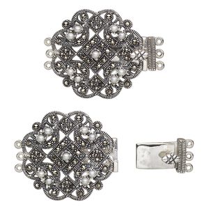 Clasp tab 1pkg1 sterling silver / marcasite (natural) / cultured freshwater pearl, 27mm fancy round, 3-strand