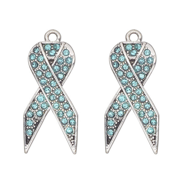 Charm, antique silver-finished "pewter" (zinc-based alloy) and glass, aqua blue, 27x13mm single-sided awareness ribbon. Sold per pkg of 2. image number 0
