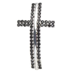 Focal, silver-finished brass and glass, black, 50x28mm curved cross with 2mm stringing channel. Sold individually.