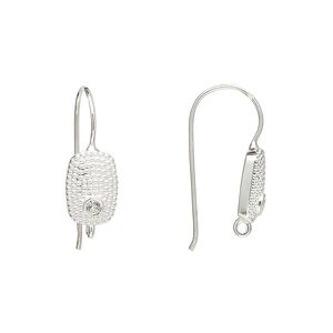 Sterling silver / white topaz 1pkg2, textured flat oval ear wire natural, fishhook / closed loop 22 gauge 19mm / 10mm
