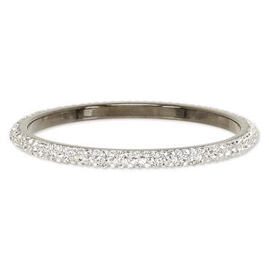 Bracelet, bangle, epoxy / Preciosa glass rhinestone / gunmetal-plated brass, black and clear, 6mm wide, 8 inches. Sold individually.