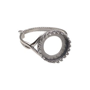 Ring, JBB Findings, antiqued sterling silver, 16mm wide with decorative trim and 14mm round bezel setting, adjustable from size 8-11. Sold individually.