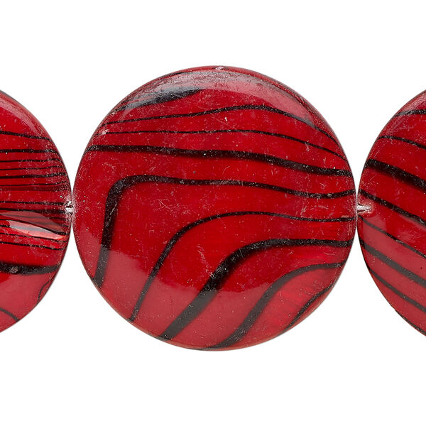 Mother-of-pearl shell 1pkg1, puffed flat round / black stripe bead 15 inch red 29-30mm image number 0