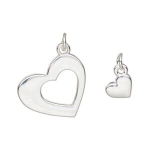 Charm, silver-finished "pewter" (zinc-based alloy) and steel, 20x18mm heart with cutout design and 8.5x8mm single-sided heart. Sold per pkg of (2) 2-piece sets.