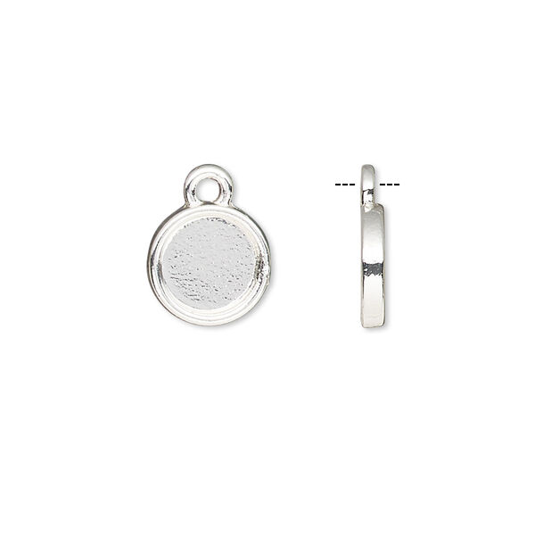 Drop, silver-finished brass, 10mm single-sided round with 8mm round setting. Sold per pkg of 10. image number 0