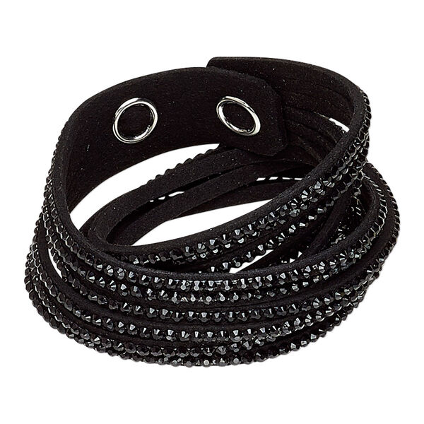 Bracelet, 6-strand wrap, acrylic rhinestone / faux suede / imitation rhodium-plated brass, black, 19mm wide, adjustable at 6 and 6-1/2 inches with snap closure. Sold individually. image number 0