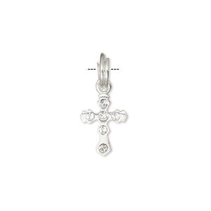 Drop, sterling silver and crystal, clear, 15x9mm cross. Sold individually.