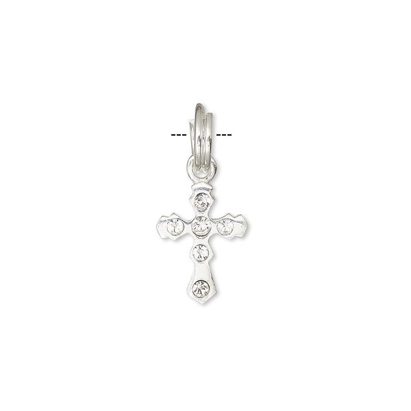 Drop, sterling silver and crystal, clear, 15x9mm cross. Sold individually. image number 0