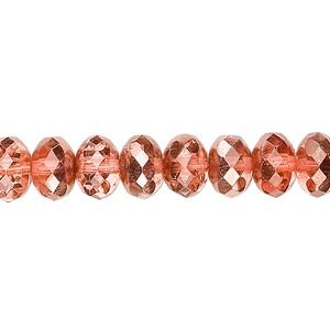 Bead, Czech fire-polished glass, translucent metallic apricot, 9x5mm faceted rondelle. Sold per 15-1/2" to 16" strand.