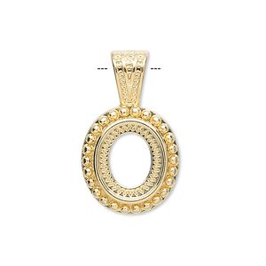 Pendant, gold-plated "pewter" (zinc-based alloy), 27x16mm oval with rope design and 12x10mm oval setting. Sold per pkg of 4.