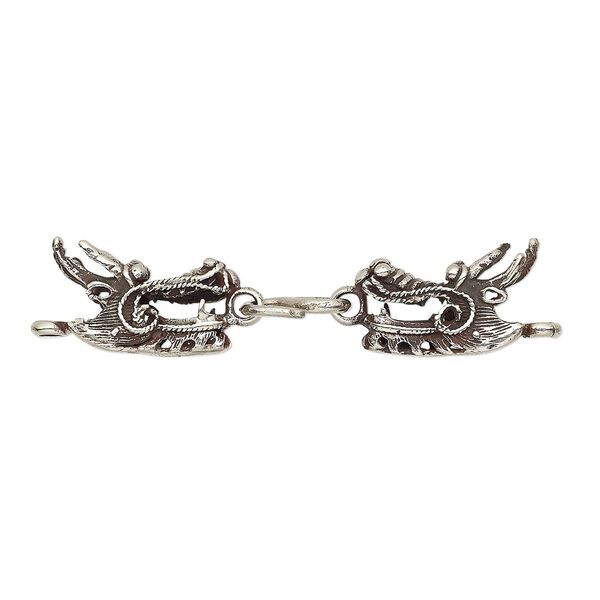 Clasp, S-hook, antiqued white bronze, 58x14mm double dragon head. Sold individually. image number 0