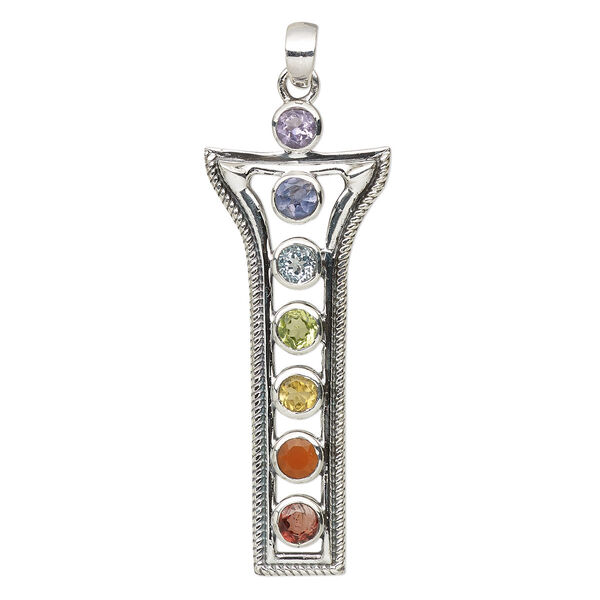 Pendant, multi-gemstone (natural / dyed / heated / irradiated) and sterling silver, 48x19mm single-sided fluted rectangle. Sold individually. image number 0