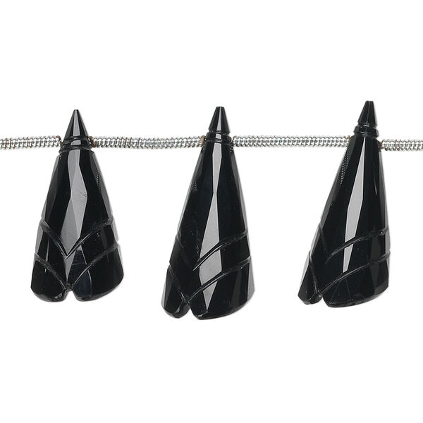 Bead, black onyx (dyed), 18x8mm-24x10mm graduated hand-cut top-drilled carved cone flower, B+ grade, Mohs hardness 6-1/2 to 7. Sold per pkg of 5 beads. image number 0