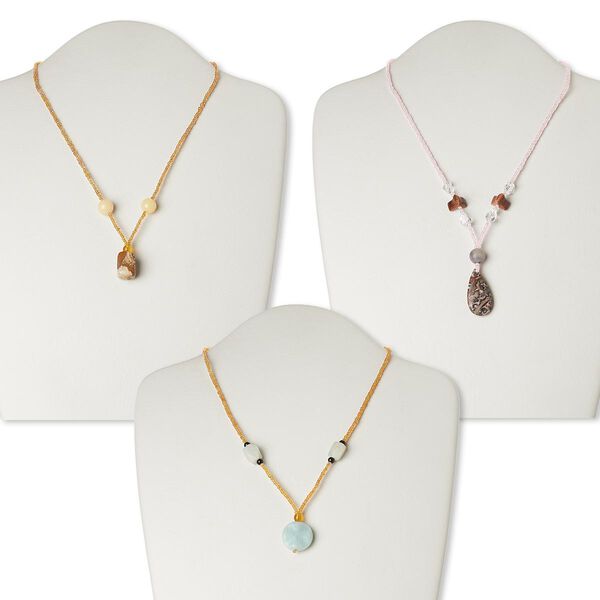 Necklace mix, multi-gemstone (natural / dyed / stabilized / manmade / imitation) / glass / silver- or antiqued gold-finished "pewter" (zinc-based alloy), mixed colors, 20mm-40x30mm mixed shape, 17 inches with lobster claw clasp. Sold per pkg of 3. image number 0