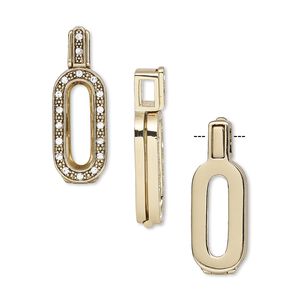 Pendant, Almost Instant Jewelry®, antique gold-finished brass / crystal / rubber, crystal clear, 34.5x12mm single-sided hinged oval with 21x7mm long classical oval setting. Sold individually.