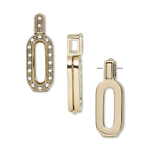 Pendant, Almost Instant Jewelry®, antique gold-finished brass / crystal / rubber, crystal clear, 34.5x12mm single-sided hinged oval with 21x7mm long classical oval setting. Sold individually. image number 0