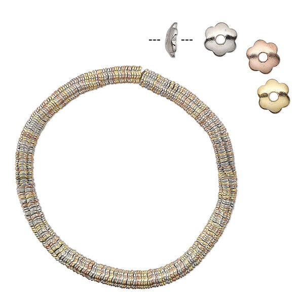 Bead cap, gold- / silver- / copper-plated steel, 5x1.5mm flower, fits 6-8mm bead. Sold per 6-1/2 inch strand, approximately 300 bead caps. image number 0