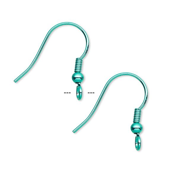 Ear wire, electro-coated brass, green, 19mm fishhook with 3mm ball and 4mm coil with open loop, 21 gauge. Sold per pkg of 5 pairs. image number 0