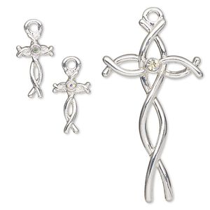 Focal and drop, glass rhinestone and silver-finished "pewter" (zinc-based alloy), clear AB, 13x8mm and 38x21mm fancy cross. Sold per 3-piece set.