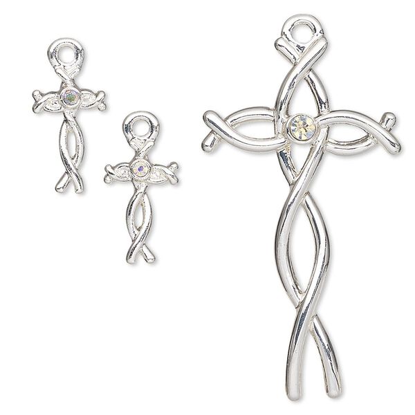 Focal and drop, glass rhinestone and silver-finished "pewter" (zinc-based alloy), clear AB, 13x8mm and 38x21mm fancy cross. Sold per 3-piece set. image number 0