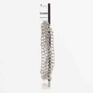 Chain and finding assortment, silver-finished steel, 7.5mm curb, 30 inches. Sold per 7-piece set.