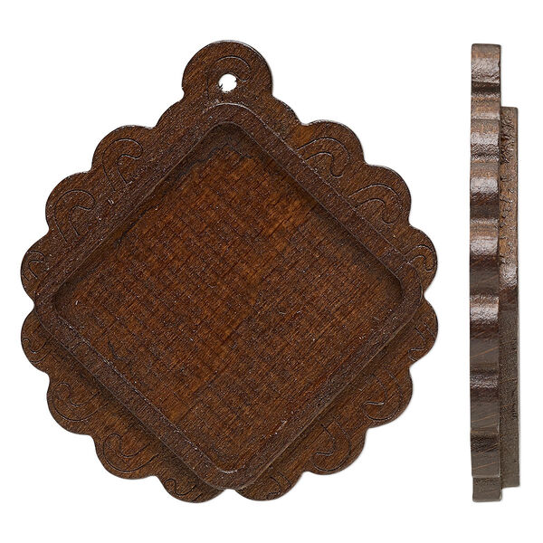 Focal, stained Japanese pagoda wood, dark brown, 46x44mm single-sided top-drilled diamond with 25mm non-calibrated square glue-in setting. Sold per pkg of 8. image number 0