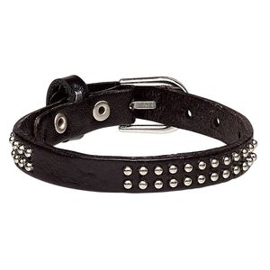 Bracelet, leather (dyed) and silver-plated steel, black, 10mm wide with round studs, adjustable from 6 to 7-1/2 inches with buckle-style closure. Sold individually.