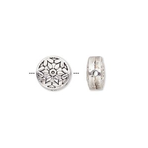 Bead, antique silver-finished "pewter" (zinc-based alloy), 10mm double-sided flat round with snowflake design. Sold per pkg of 10.