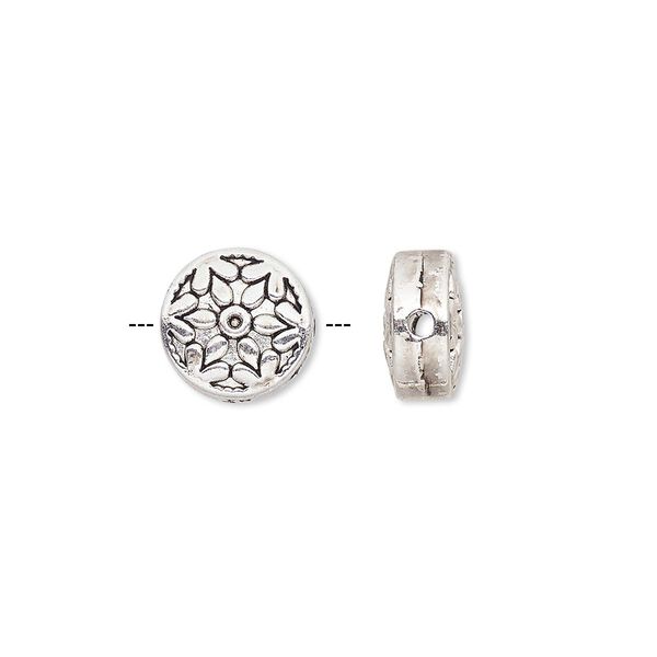 Bead, antique silver-finished "pewter" (zinc-based alloy), 10mm double-sided flat round with snowflake design. Sold per pkg of 10. image number 0