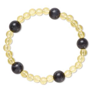 Bracelet, stretch, blackstone (dyed) and acrylic, yellow, 5mm and 9-10mm round, 6 inches. Sold individually.