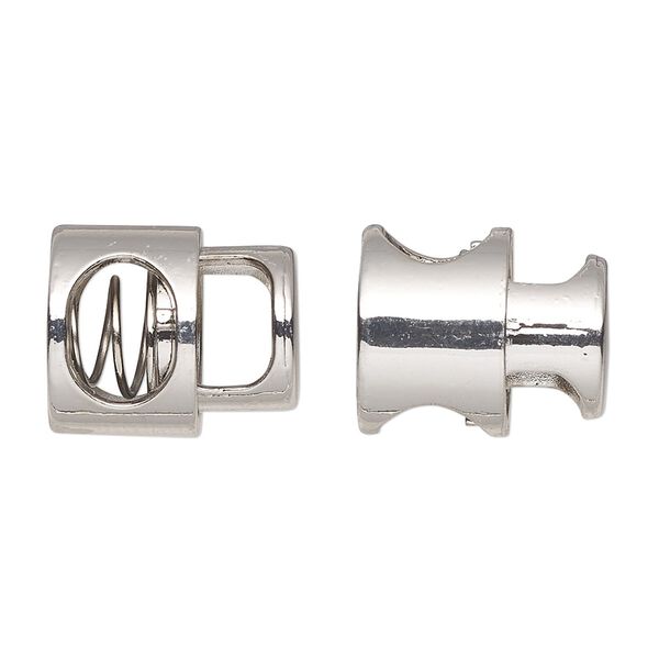 Cord lock, imitation rhodium-plated plated "pewter" (zinc-based alloy) and steel, 16.5x14mm round tube. Sold per pkg of 6. image number 0