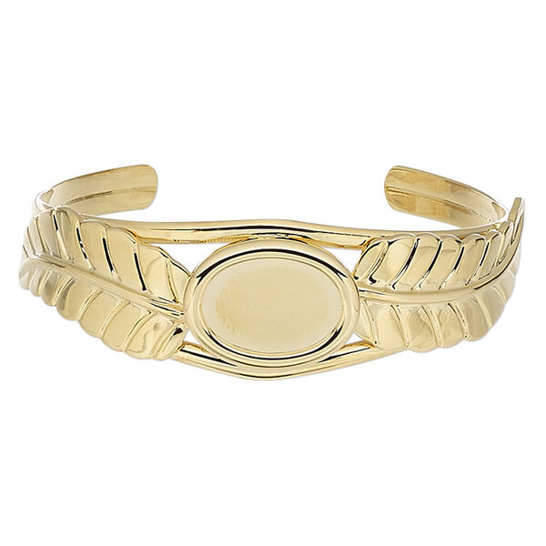 Bracelet, cuff, gold-plated brass / steel / "pewter" (zinc-based alloy), 22mm wide with 65x18mm feather and 18x13mm oval setting, adjustable. Sold individually. image number 0