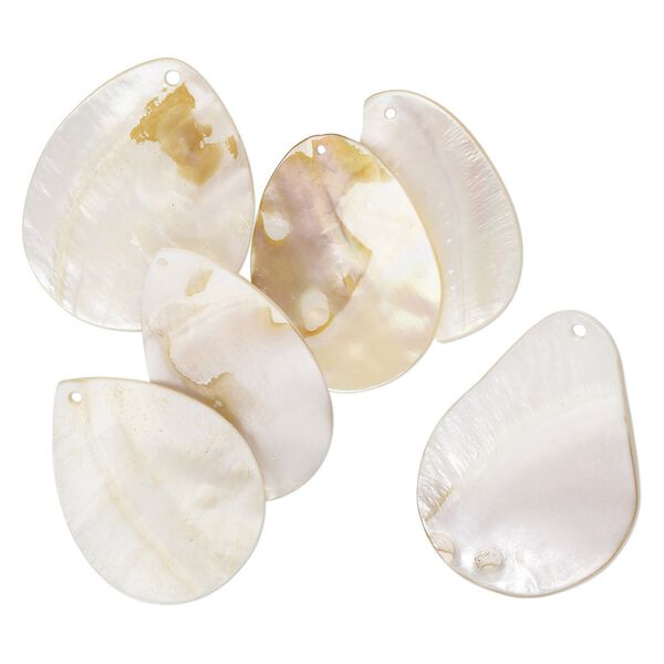 Focal mix, mother-of-pearl shell and blister pearl shell (bleached), 48x36mm-58x39mm teardrop, Mohs hardness 3-1/2. Sold per pkg of 6. image number 0