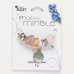Bead, glass and antique silver-finished "pewter" (zinc-based alloy), pink and orange, assorted sizes. Sold per pkg of 7.