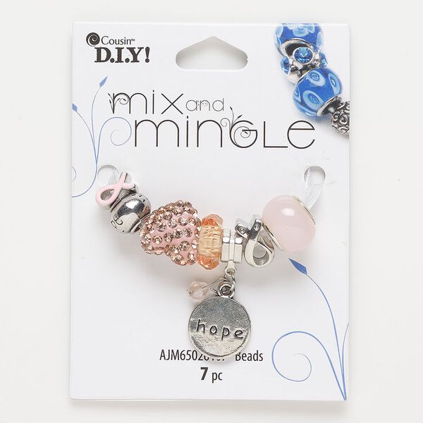 Bead, glass and antique silver-finished "pewter" (zinc-based alloy), pink and orange, assorted sizes. Sold per pkg of 7. image number 0
