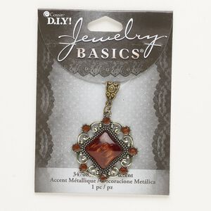 Focal, antique brass-finished "pewter" (zinc-based alloy) / gold-finished steel / plastic, bronze and red-brown, 35mm fancy round with diamond embellishment. Sold individually.