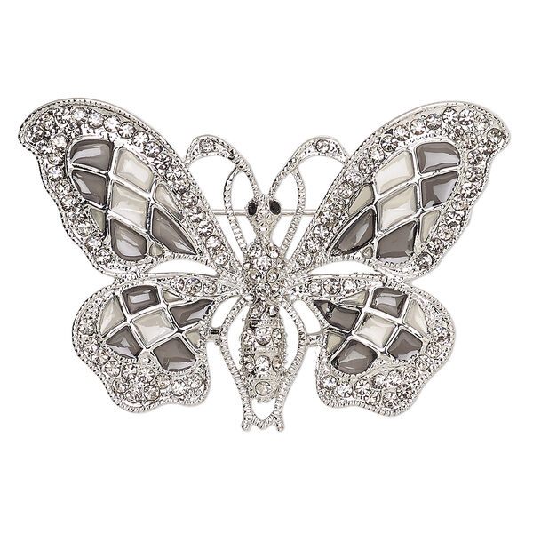 Brooch, glass rhinestone / enamel / imitation rhodium-finished "pewter" (zinc-based alloy), grey and clear, 58x35mm butterfly. Sold individually. image number 0