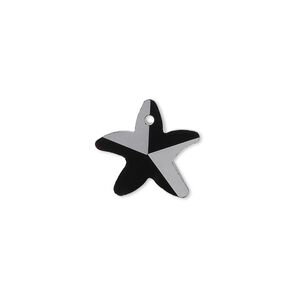 Drop, glass, black, 15x14mm hand-cut faceted starfish. Sold per pkg of 4.
