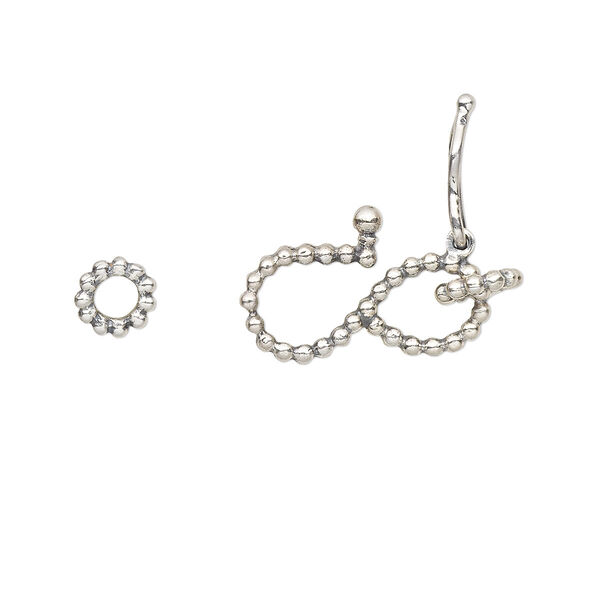 Clasp, S-hook, antiqued sterling silver, 14x8mm with dot design and safety latch with (2) 5mm closed jump rings. Sold individually. image number 0