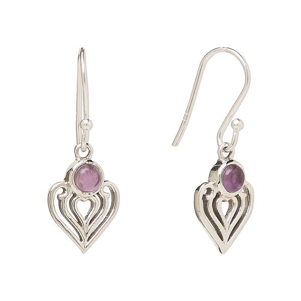 Ear wire, Create Compliments®, antiqued sterling silver and amethyst (natural), fishhook, 28.5mm with 15x9mm single-sided heart, 21 gauge. Sold per pair. image number 0